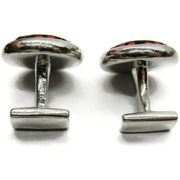 Cufflinks Silver Red Plaid Fabric Insert Tux Shirt Dress Suit Vintage - Picture 6 of 7